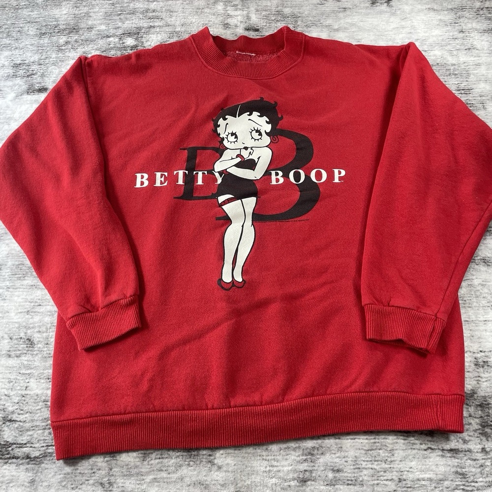 Betty Boop Crewneck Sweatshirt Womens L Red Graphic Cartoon Pullover Sweater